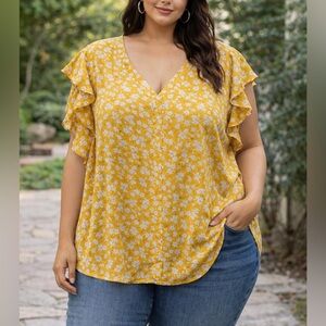fun 2 fun Yellow Floral V-Neck Ruffle Sleeve Top